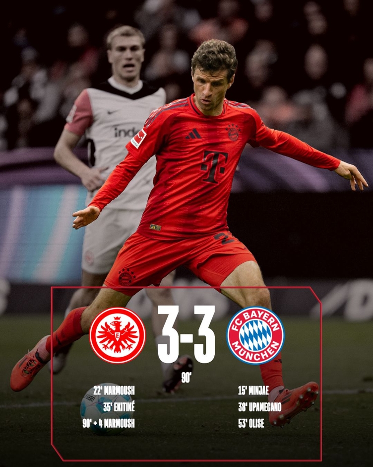 Kết quả Frankfurt 3-3 Bayern Munich: Bayern rơi chiến thắng ở phút 90+4