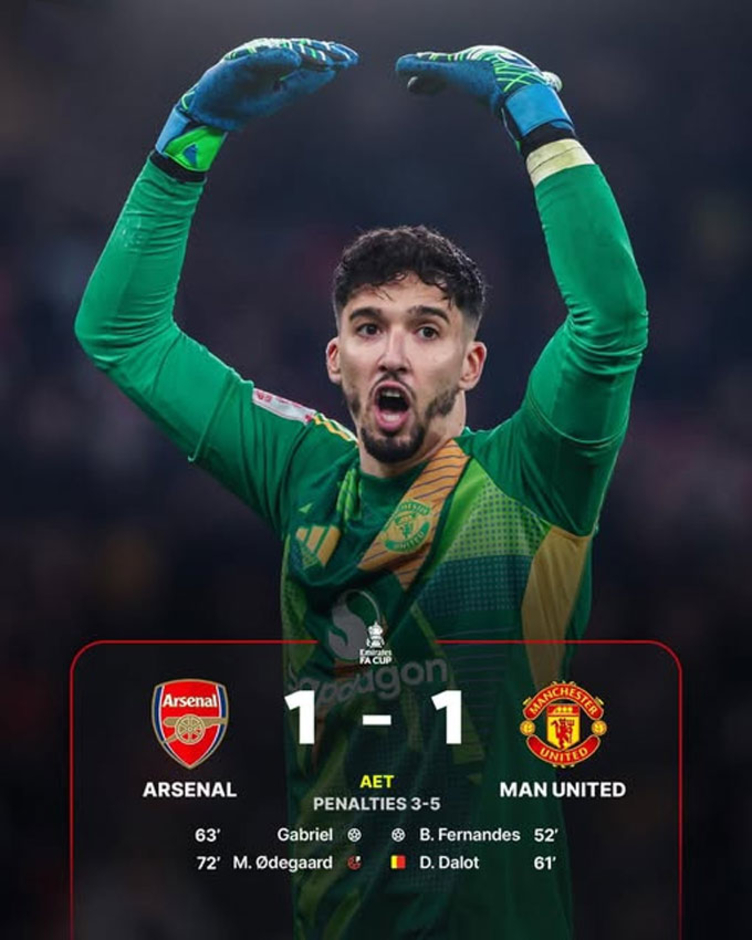 Kết quả Arsenal 1-1 MU (pen: 3-5): Quỷ đỏ thắng nghẹt thở ở luân lưu