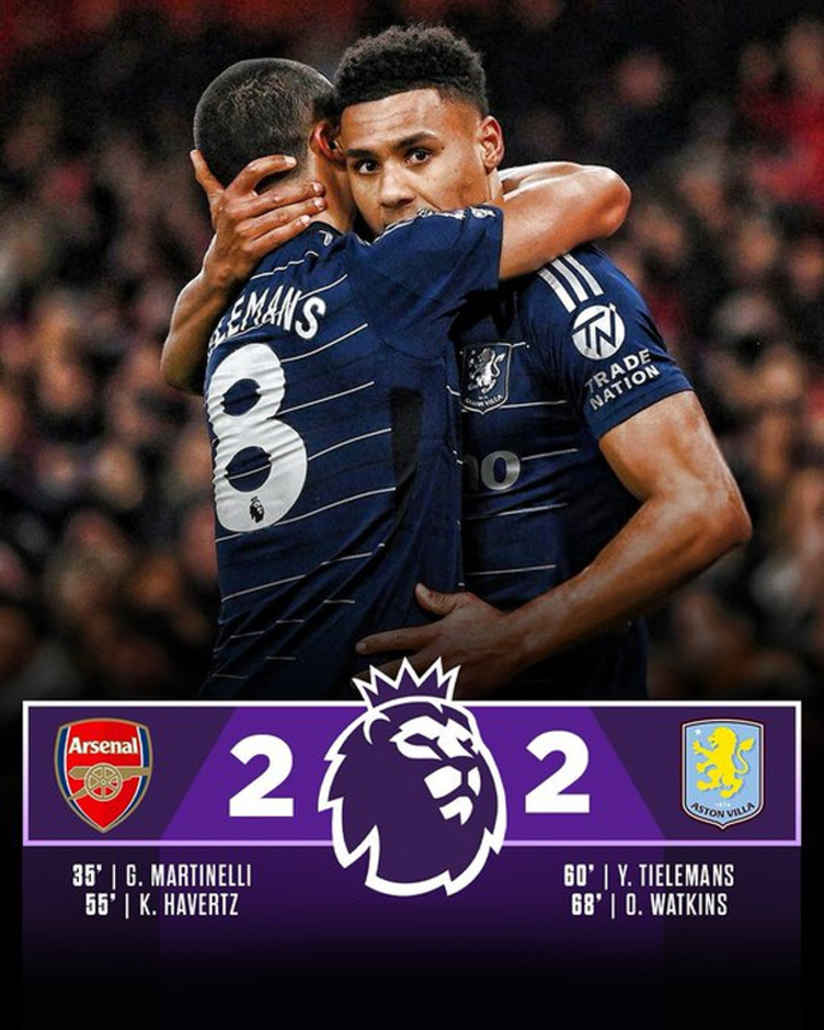 Kết quả Arsenal 2-2 Aston Villa: Pháo thủ mất điểm đau đớn