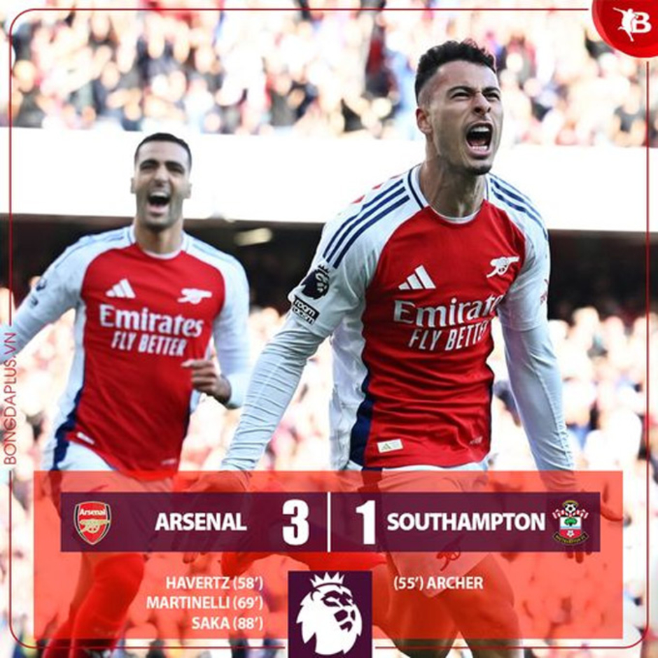 Kết quả Arsenal 3-1 Southampton: Pháo thủ ngược dòng đẳng cấp