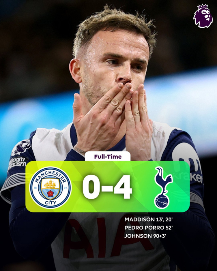 Kết quả Man City 0-4 Tottenham: Man xanh thua trận thứ 5 liên tiếp