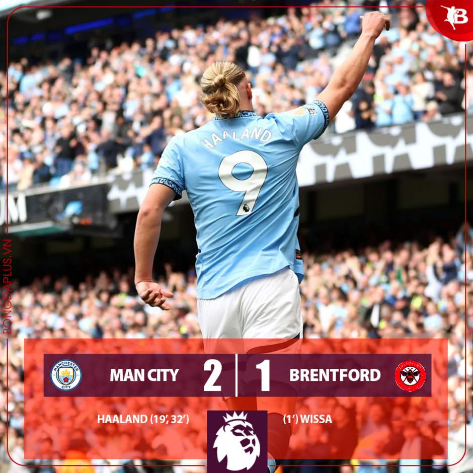 Kết quả Man City 2-1 Brentford: Người hùng Haaland